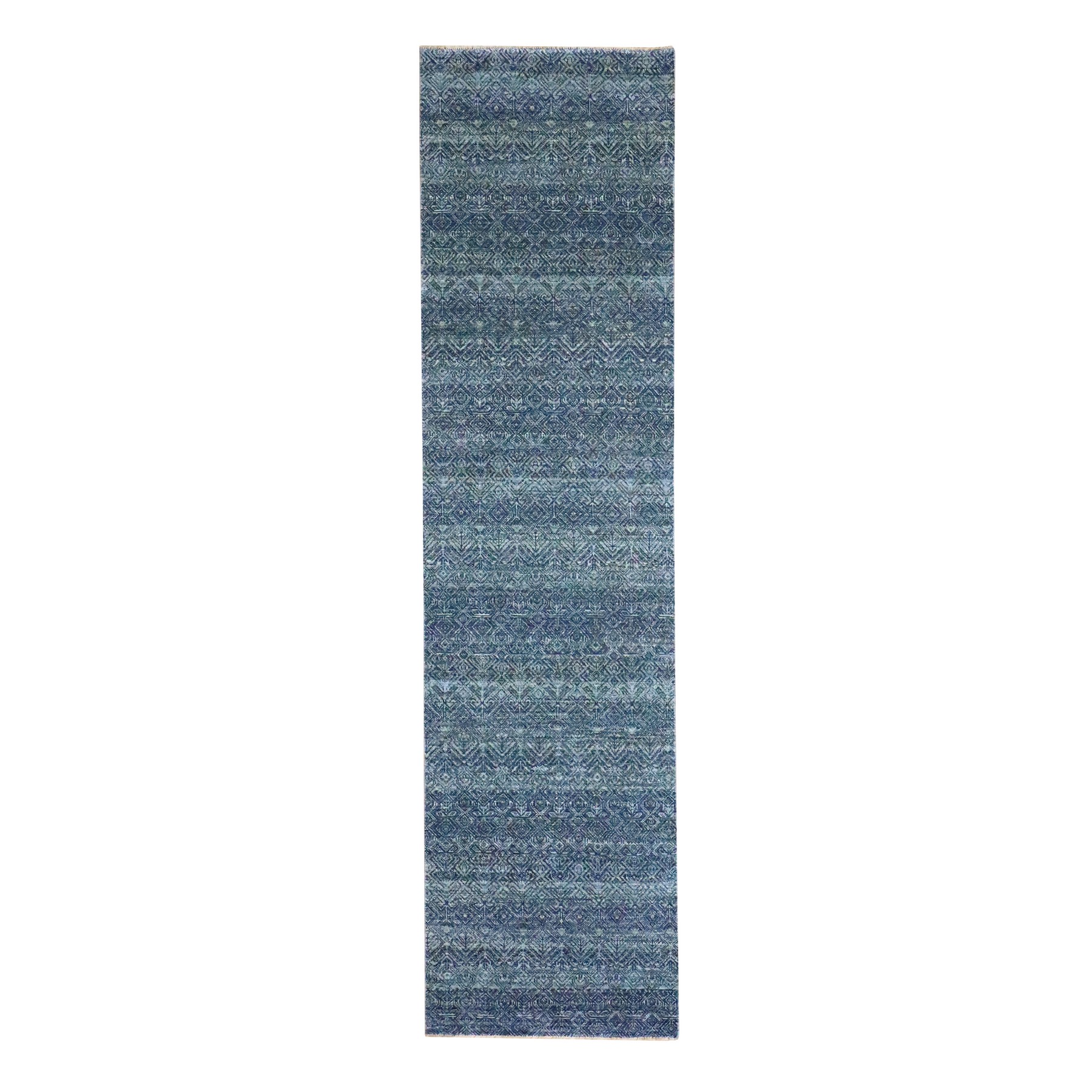 2'7"x10'2" Aegean Blue, Kohinoor Herat with Small Geometric Repetitive Diamond Pattern, Soft Wool, Tone On Tone, Hand Knotted, Runner, Oriental Rug 